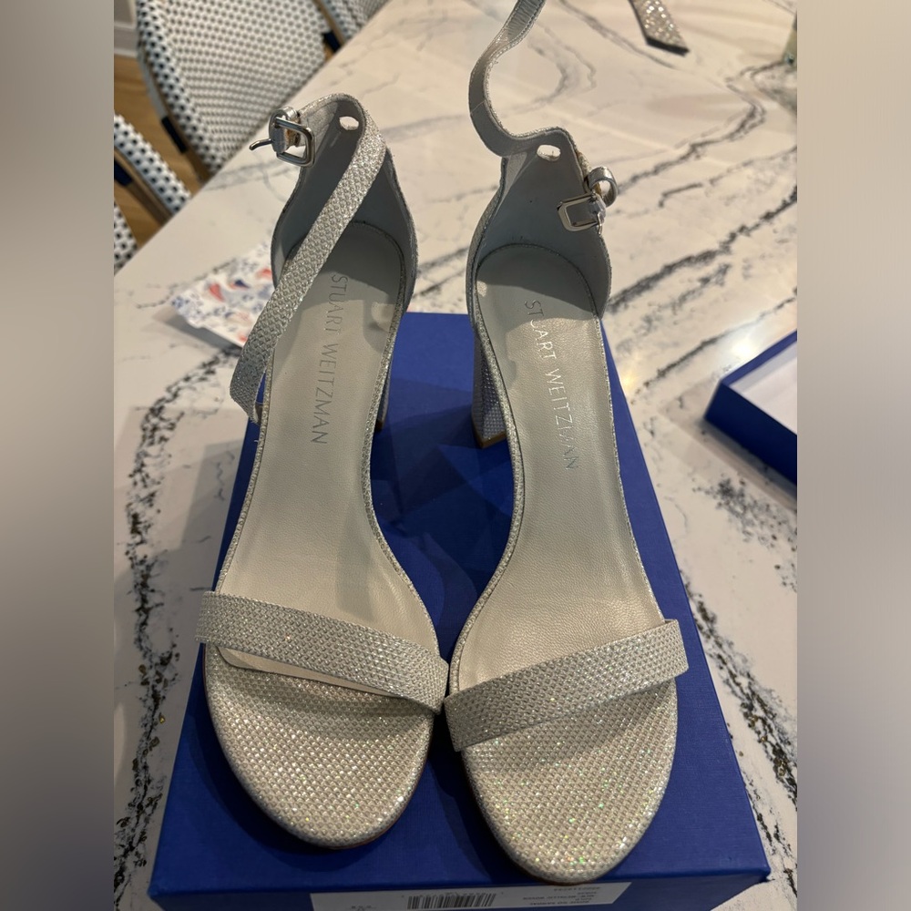 Stuart Weitzman woven heel. Metallic/silver. Never worn